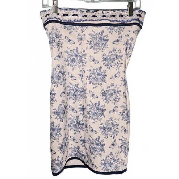 Floral Printed Blue and White Tube Dress with Lace Trim Size Small NWOT - Picture 1 of 10